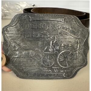 VTG Pewter Belt Buckle Americas Hero's New York Fire Dept Large Distress Leather